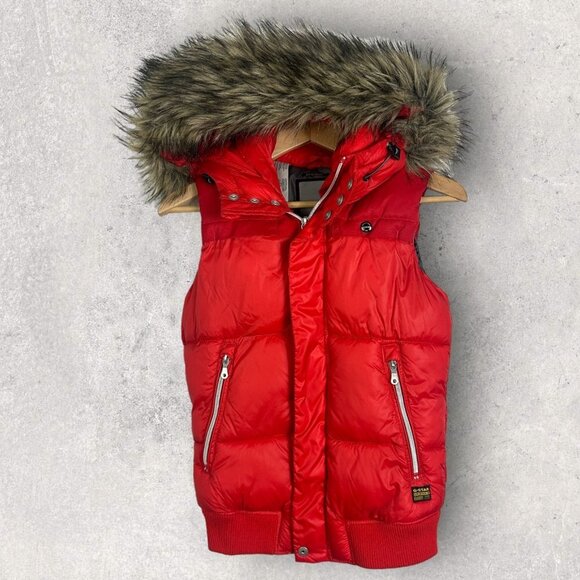 G-Star Whistler Puffer Vest Red Size XS Full Zipper Fur Trim Removable Hood Coat - Picture 1 of 15